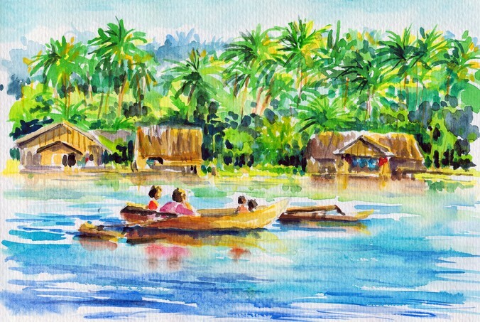 River and village among palm trees in watercolor